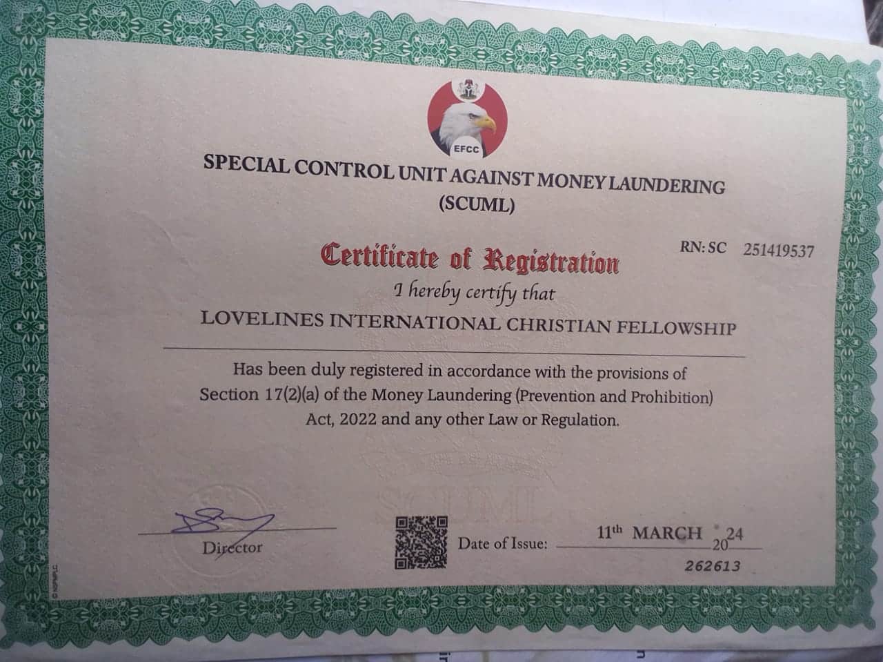 SCUML Certificate of Registration
